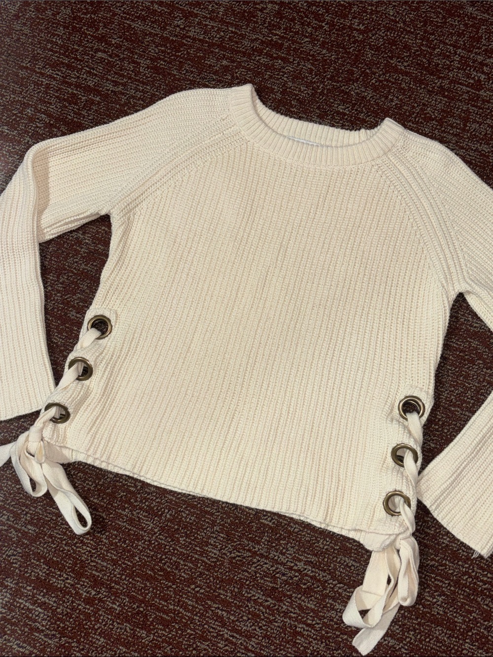 Bishop + young cream sweater grommet side tie ribbed knit boxy casual sweater M